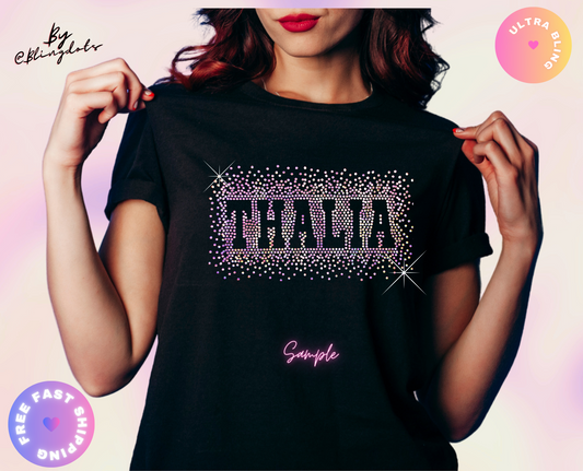 Custom bling Shirt with Scattered Bling text or logo, Personalized Sparkling Glitter Text, Sequins Tee Starburst Iron-on Cascade holographic Effect