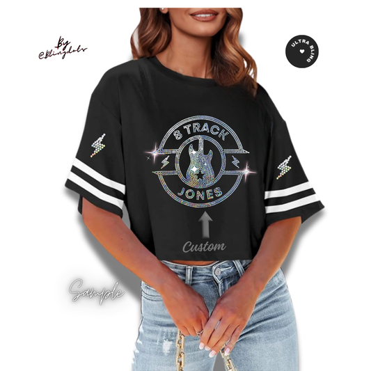 Personalized Bling Concert Crop Top Drop Shoulder Tee custom singer name Text Sequin Fan Fashion Jersey Glitter Striped festival Blouse
