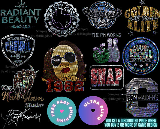 Custom Bling Iron On Transfer Personalize Decal Hot Fix Company bling Logo Team special event glitter Hotfix Sequin Applique Sparkle Motif