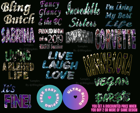 Custom Bling Text Iron On Heat Transfer - add Personalized text Phrase Decal, Holographic Spangles - Hotfix Appliqué Sequins - Fast Shipping