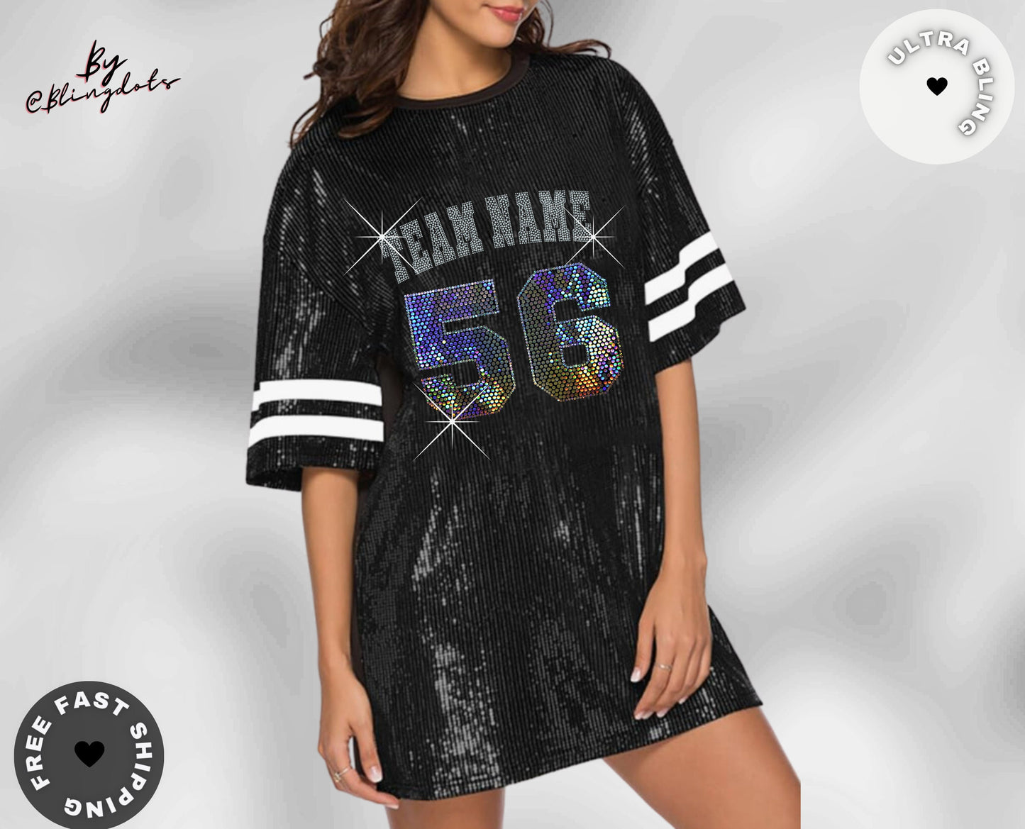 Custom bling Dress team Sexy Casual Sparkly Sequin long T-Shirt tunic game Outfit, personalized text bedazzled  glitter logo Jersey