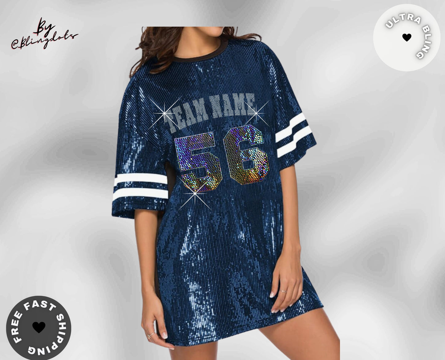 Custom bling Dress team Sexy Casual Sparkly Sequin long T-Shirt tunic game Outfit, personalized text bedazzled  glitter logo Jersey