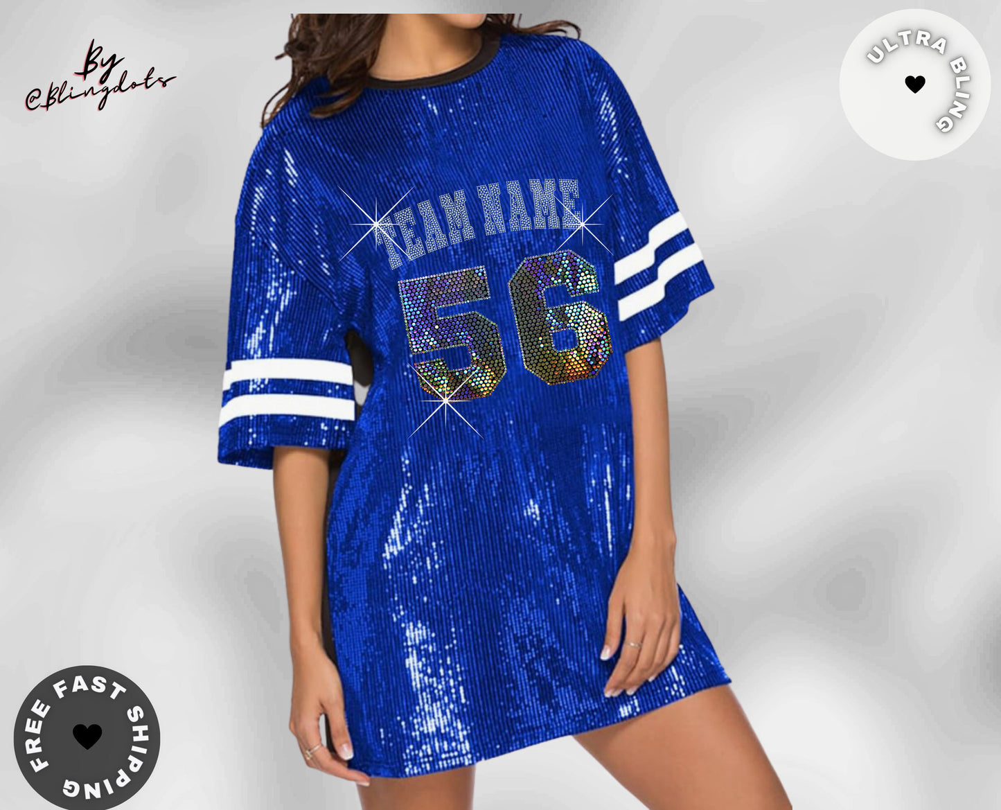 Custom bling Dress team Sexy Casual Sparkly Sequin long T-Shirt tunic game Outfit, personalized text bedazzled  glitter logo Jersey