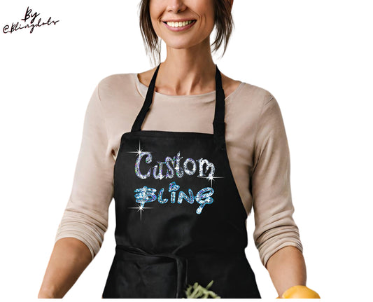 Custom bling Apron, Personalized chef Apron, Sequins Logo Glitter sparkly Apron, Apron with pockets,  Mens Aprons, Womens Apron, Custom Text