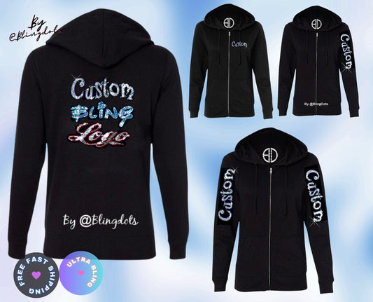 Custom Bling Sequin Zip Hoodie - Sparkly Sequin Emblem Jacket with Personalized Logo - Bedazzle jacket - Sparkly Pullover Hoodie - UNISEX