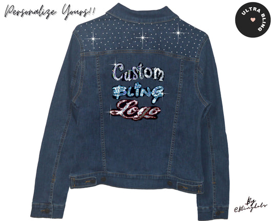 Custom Denim Jacket Bling Logo Jacket Sparkly Glamorous Cheer jean Jacket Vintage Personalized Text Mrs Bride Denim glitter business logo