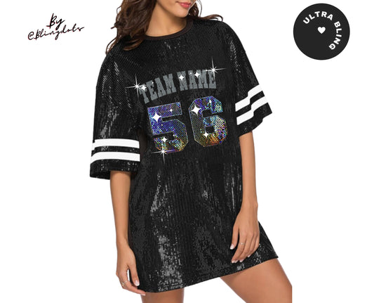 Custom bling Dress team Sexy Casual Sparkly Sequin long T-Shirt tunic game Outfit, personalized text bedazzled  glitter logo Jersey