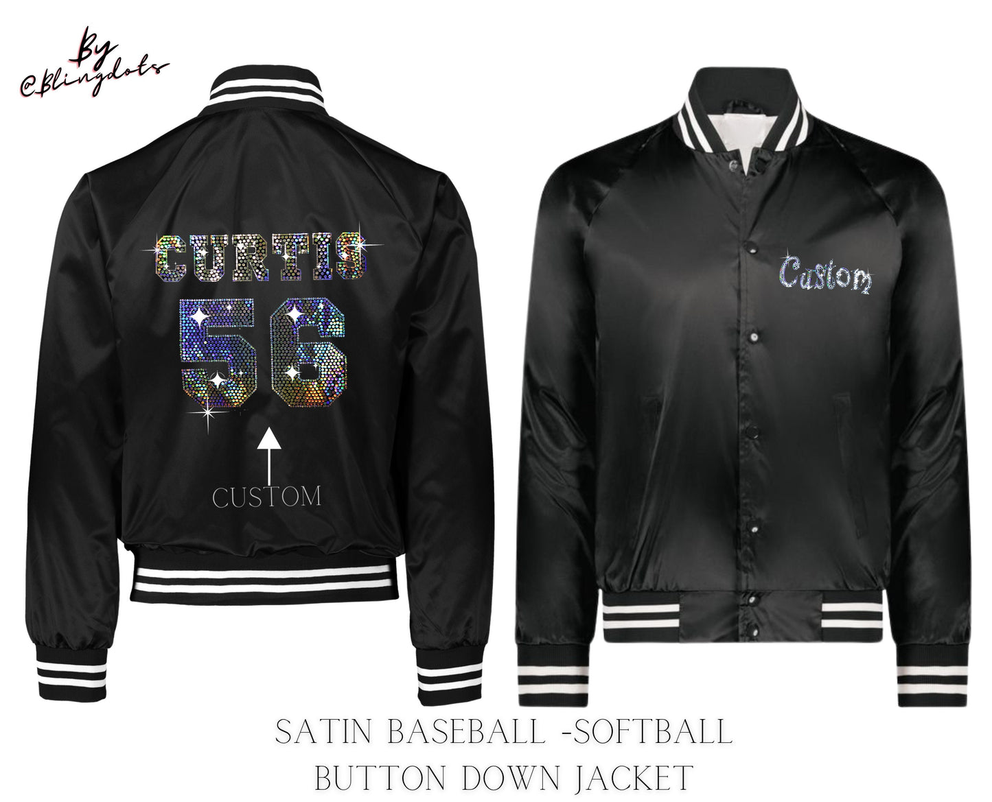 Custom Bling Baseball Satin Jacket, custom text, personalized name number, varsity Fan coat collegiate striped trim bomber Jacket sportswear