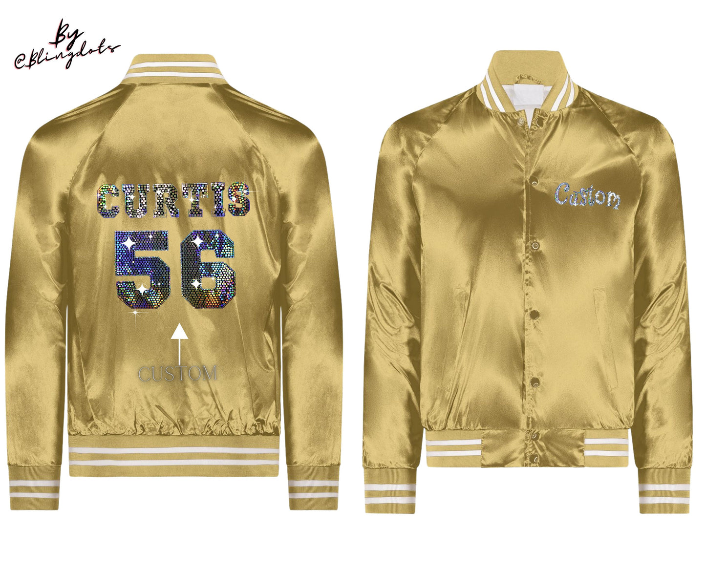 Custom Bling Baseball Satin Jacket, custom text, personalized name number, varsity Fan coat collegiate striped trim bomber Jacket sportswear