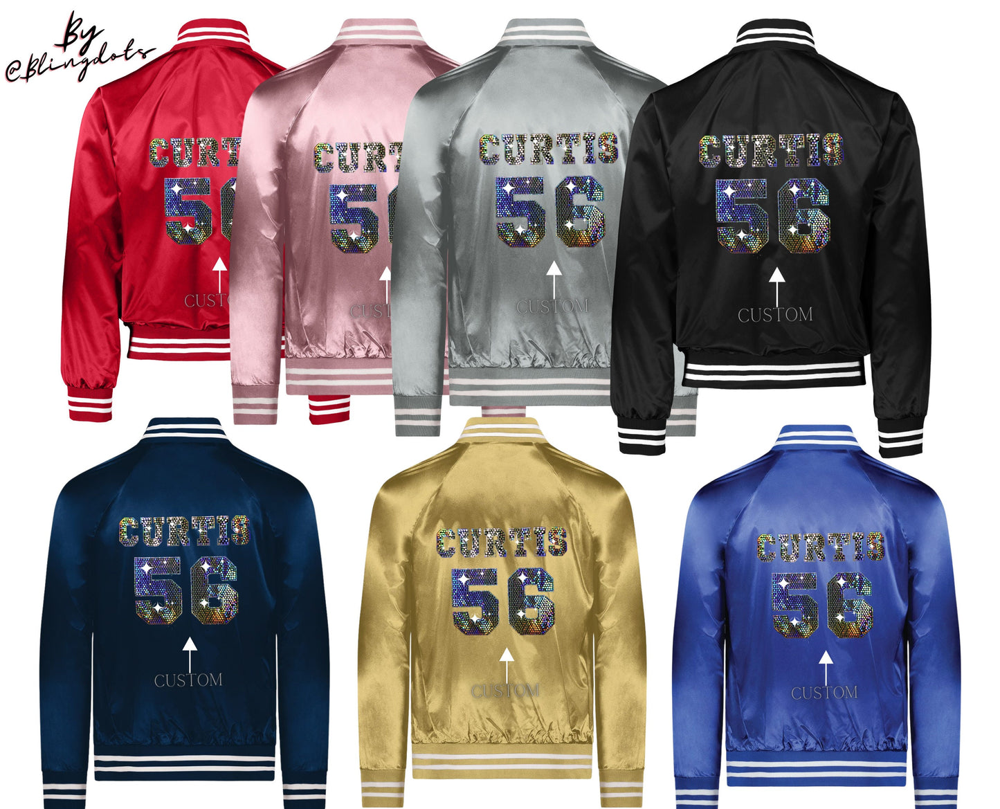 Custom Bling Baseball Satin Jacket, custom text, personalized name number, varsity Fan coat collegiate striped trim bomber Jacket sportswear