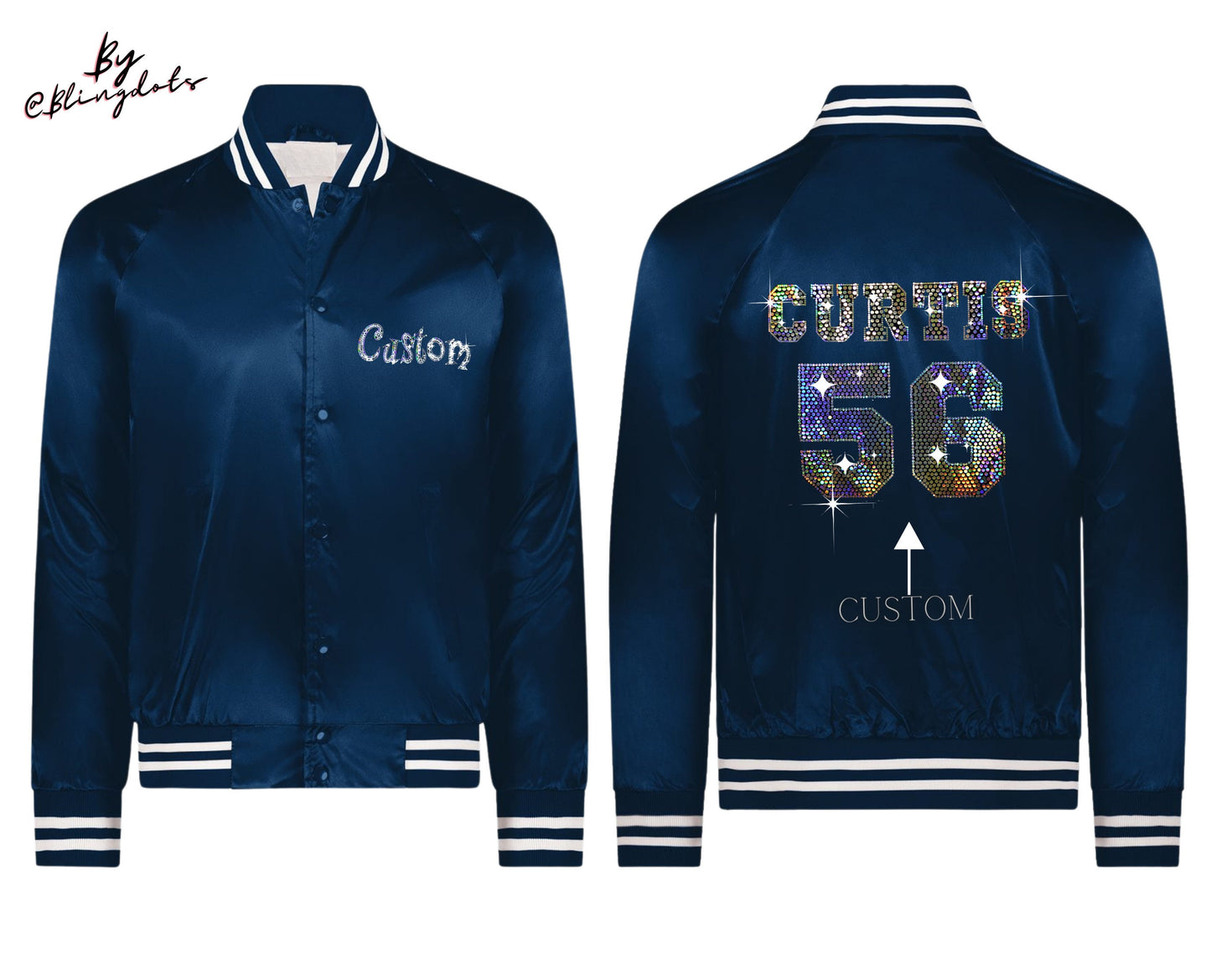 Custom Bling Baseball Satin Jacket, custom text, personalized name number, varsity Fan coat collegiate striped trim bomber Jacket sportswear