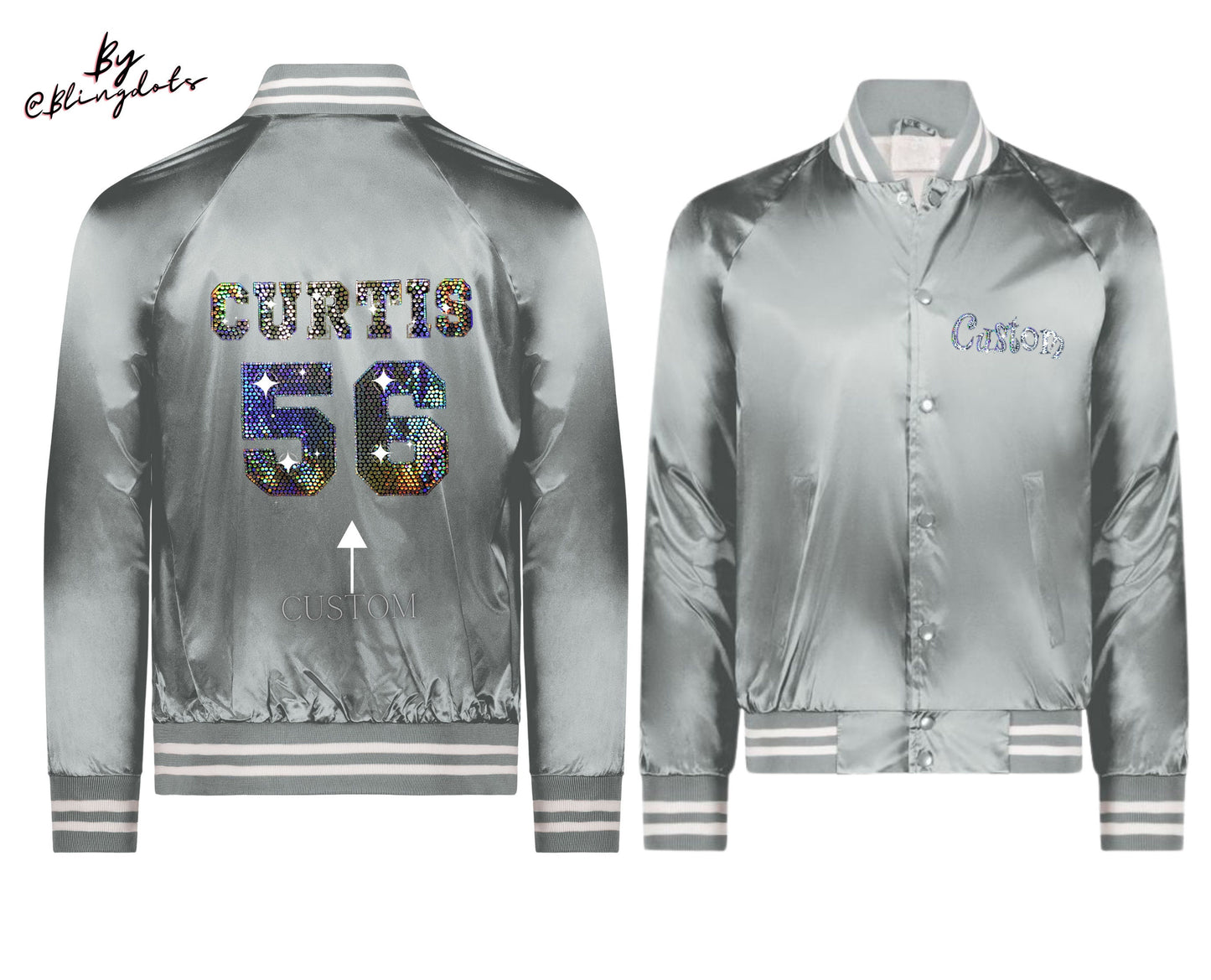 Custom Bling Baseball Satin Jacket, custom text, personalized name number, varsity Fan coat collegiate striped trim bomber Jacket sportswear
