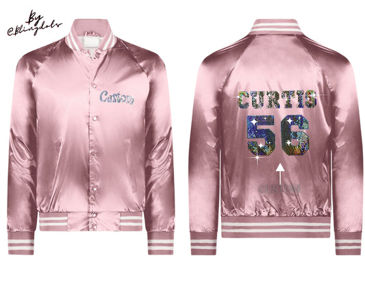 Custom Bling Baseball Satin Jacket, custom text, personalized name number, varsity Fan coat collegiate striped trim bomber Jacket sportswear