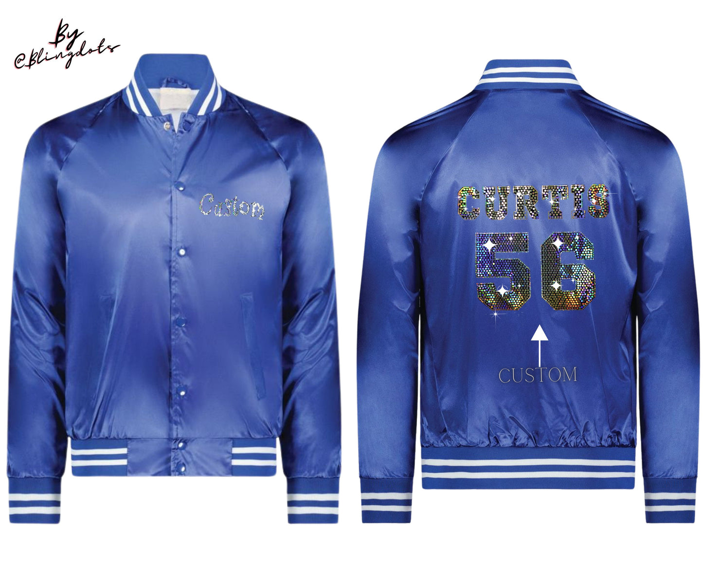 Custom Bling Baseball Satin Jacket, custom text, personalized name number, varsity Fan coat collegiate striped trim bomber Jacket sportswear