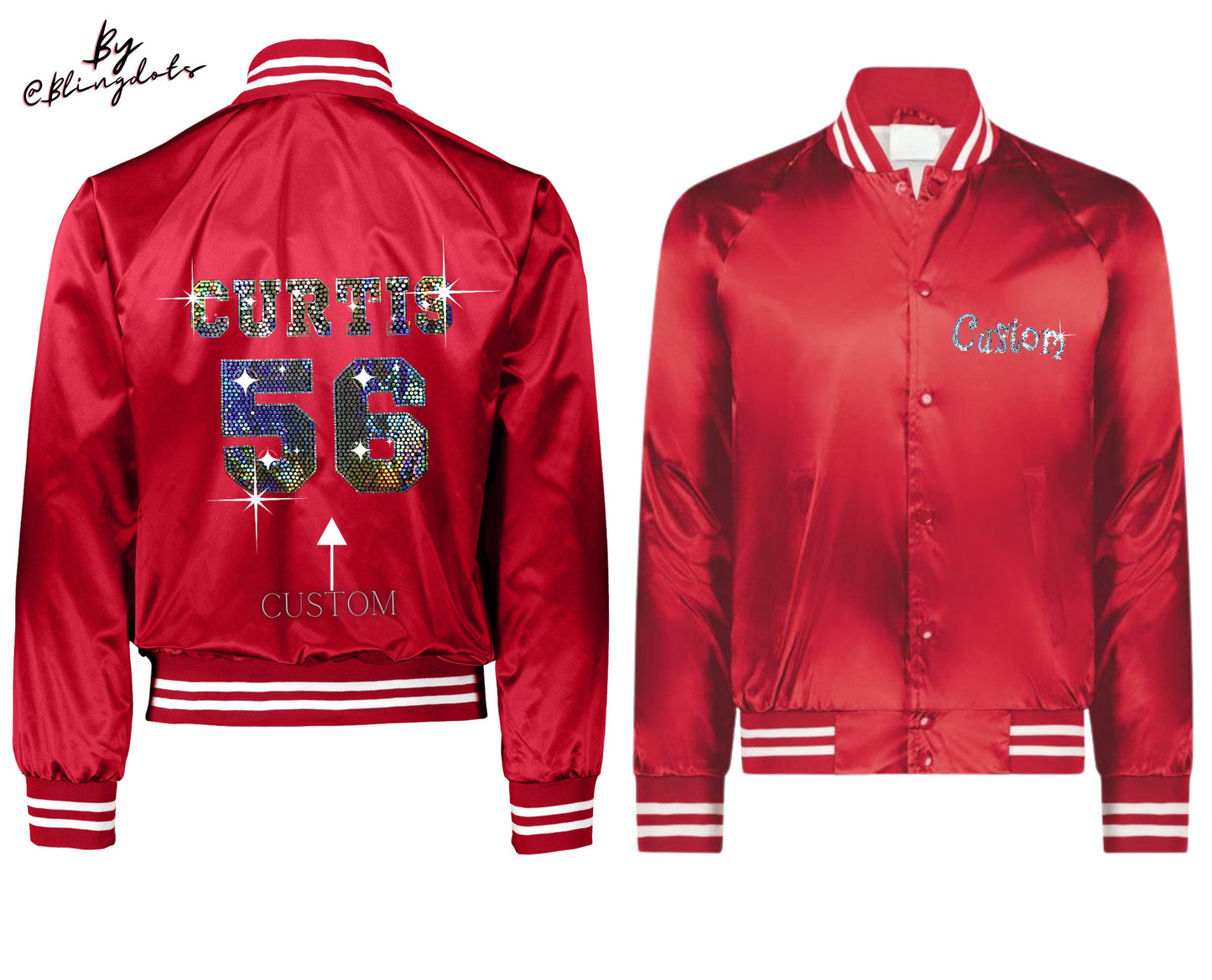 Custom Bling Baseball Satin Jacket, custom text, personalized name number, varsity Fan coat collegiate striped trim bomber Jacket sportswear