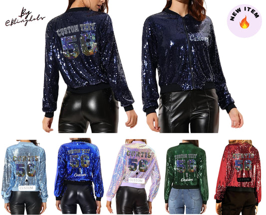 Women's Sequin Glitter Long Sleeve Zipper Bomber Jacket, custom text, personalized name number,  Custom Bling  Fashion Shiny Glitter Sparkly
