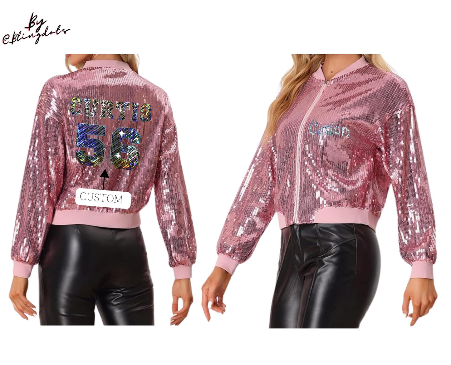 Sequin Glitter Long Sleeve Zipper Bomber Jacket, custom text, personalized name number,  custom Bling  Fashion Shiny Glitter Sparkly