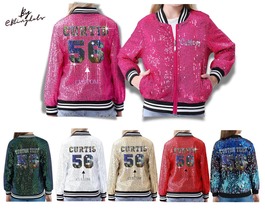 Girl's custom Sequin Glitter Bomber Jacket, personalized text,  bling fashion Shiny Glitter Sparkling Jacket Zipper Long Sleeve  6-12 Years