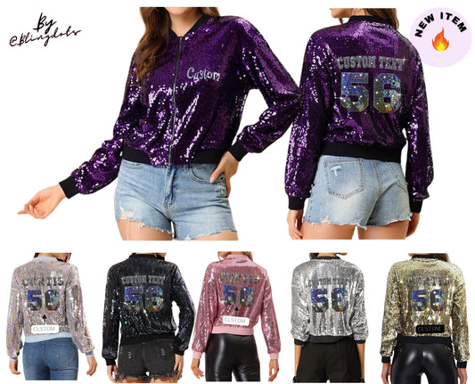 Sequin Glitter Long Sleeve Zipper Bomber Jacket, custom text, personalized name number,  custom Bling  Fashion Shiny Glitter Sparkly