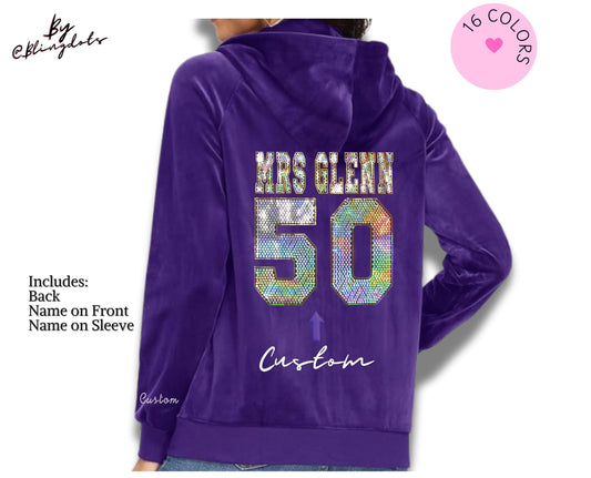 Custom bling Velour velvet jacket in sequins, personalized text personalized winter cozy hoodie zip jacket, game coat, custom name on sleeve