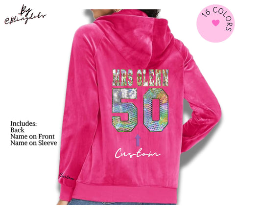 Personalized Bling Velour Velvet Jacket - Custom Sequins & Text, Zipped Silk Hoodie Coat, Luxury Fashion, Stylish Apparel Tailored Sequin
