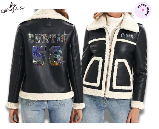 Women's custom bling Faux Shearing Fur Winter Coat Warm Thick Fur Lined Faux Leather motorcycle Jacket decorated with sequins personalized