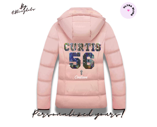 Custom Bling Women Winter Coat Lightweight Warm Thicken Puffer personalized sequin Jacket Waterproof Quilted Winter Jacket Removable Hood