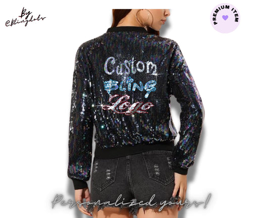 Custom Sequin Glitter Long Sleeve Zipper Bomber Jacket  Glitter Coat with Personalized logo, Number or Text Bling Fashion, Shiny, Sparkly