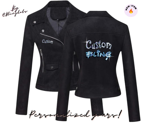 Custom Bling Motorcycle Girl Jacket Bling Faux Suede Leather Moto Biker blazer sequins bedazzled Coat custom logo text cowgirl Rodeo Jacket