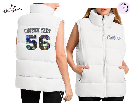 Custom bling Puffer Vest Winter Zip Up Oversized Padded Puffy Jacket Coat with Pockets, personalized text  in sequins